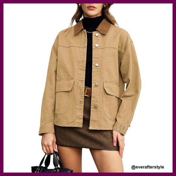 Oversized Denim Jacket Boyfriend Fit Contrast Collar Button Down Chic
